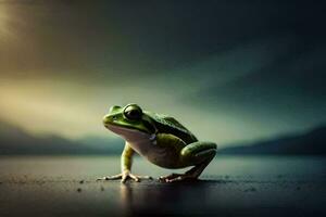 a frog is standing on the ground in front of the sun. AI-Generated photo