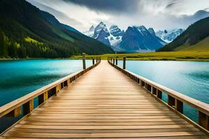 a wooden bridge leads to a lake and mountains. AI-Generated photo