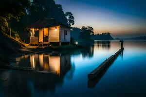 a small hut sits on the shore of a lake at dusk. AI-Generated photo