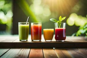 four different types of juices are sitting on a table. AI-Generated photo
