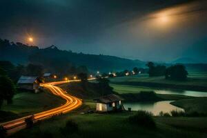 un largo exposición foto de un la carretera y un casa en el campo. generado por ai