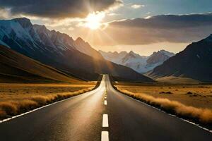 a long road with mountains in the background. AI-Generated photo
