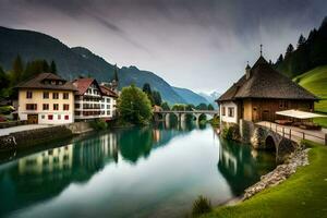 a river runs through a village in the mountains. AI-Generated photo