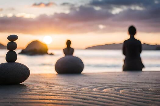 personas sentado en el playa con rocas y un puesta de sol. generado por ai foto