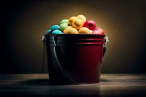 a bucket filled with colorful eggs on a table. AI-Generated photo