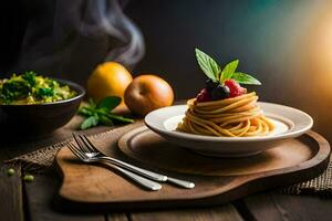 spaghetti with berries and lemon on a plate. AI-Generated photo