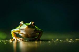 a frog sitting on the ground with a dark background. AI-Generated photo