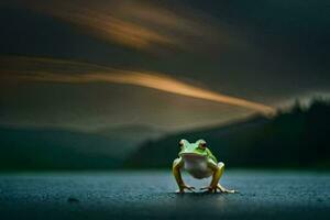 a frog standing on the road in front of a dark sky. AI-Generated photo