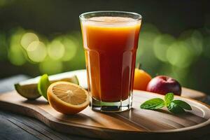 un vaso de jugo con un naranja rebanada y un limón. generado por ai foto