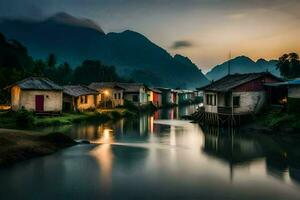 houses on the banks of a river at dusk. AI-Generated photo