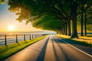 a road with trees lining the road at sunset. AI-Generated photo