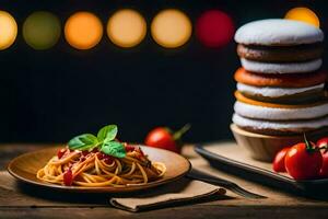 a plate of spaghetti and a stack of pancakes. AI-Generated photo