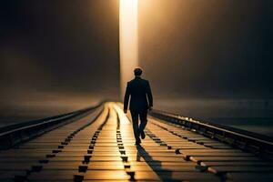 un hombre caminando en un puente con un ligero brillante mediante él. generado por ai foto