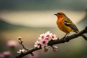 a bird sits on a branch with pink flowers. AI-Generated photo