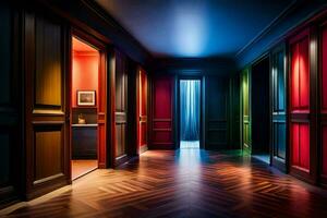 a hallway with colorful doors and wood floors. AI-Generated photo