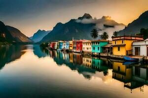 colorful houses on the water in front of mountains. AI-Generated photo