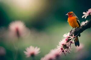 a small orange bird is perched on a branch. AI-Generated photo