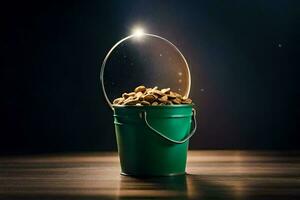 a bucket filled with nuts on a dark table. AI-Generated photo