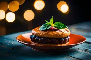 a hamburger on a plate with mint leaves. AI-Generated photo