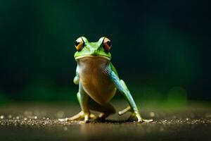 a frog with a big eye is standing on the ground. AI-Generated photo