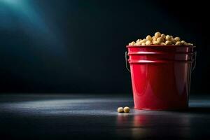 a red bucket filled with peanuts on a dark table. AI-Generated photo