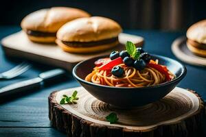 spaghetti with meatballs and blueberries in a bowl. AI-Generated photo