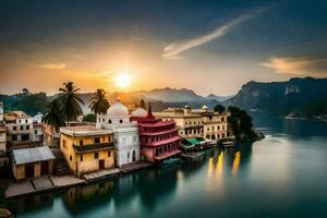 the sun sets over a lake in india. AI-Generated photo
