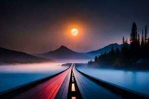 a long bridge over a lake with a full moon in the background. AI-Generated photo