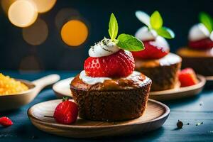 three cupcakes with strawberries and cream on a wooden plate. AI-Generated photo