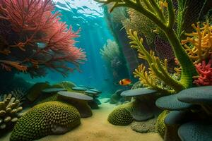 a colorful underwater scene with coral and anemones. AI-Generated photo