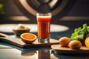 a glass of juice with an orange and some vegetables. AI-Generated photo