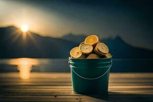 a bucket of lemons on a wooden deck. AI-Generated photo
