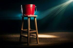 a red bucket on a stool in front of a spotlight. AI-Generated photo