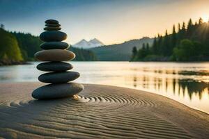 a stack of stones on the beach near a lake. AI-Generated photo