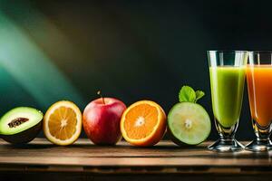 a row of fruit and juice on a wooden table. AI-Generated photo