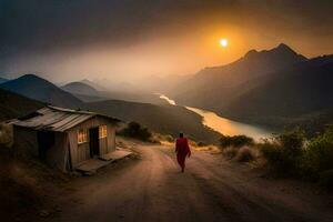 a man walks down a dirt road in front of a hut. AI-Generated photo