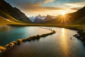 the sun rises over a lake in the mountains. AI-Generated photo