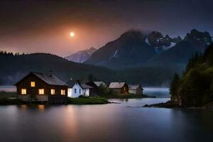 foto fondo de pantalla el cielo, montañas, lago, luna, casa, luz de la luna, el luna,. generado por ai