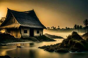 a house sits on the shore of a river. AI-Generated photo