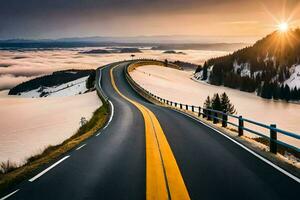 a road winding through the mountains with clouds in the sky. AI-Generated photo