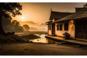 a house with a river in front of it at sunset. AI-Generated photo