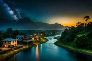 photo wallpaper the sky, mountains, river, house, sunset, the milky way, the. AI-Generated