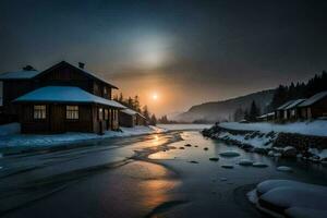 a house sits on the shore of a frozen river. AI-Generated photo
