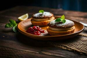 two small cakes with cream and berries on a wooden plate. AI-Generated photo