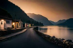 un la carretera líder a un lago a puesta de sol. generado por ai foto