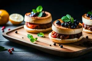 three mini sandwiches with meat and blueberries on a wooden cutting board. AI-Generated photo