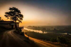 un la carretera líder a un casa en un colina con vista a un lago. generado por ai foto