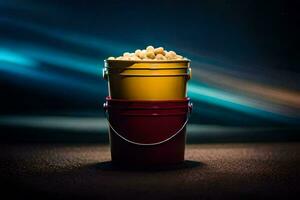 a bucket of peanuts sitting on top of a red bucket. AI-Generated photo