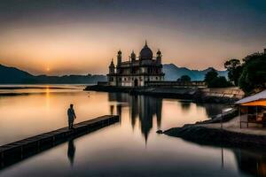 a man stands on a dock at sunset in front of a building. AI-Generated photo