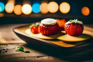 two strawberries and cheese on a wooden plate. AI-Generated photo